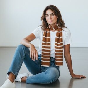 Vintage Vera Neumann Signed Brown White Striped Oblong Scarf 46" x 10" EUC!!!